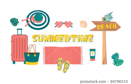Cute bright set of summer things for travel and beach vacation. Items for holiday at sea or in tropical countries. Vector flat illustration Cute bright set of summer things for travel and beach vacation. Items for holiday at sea or in tropical countries. Vector flat illustration 89796533