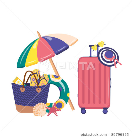 Summer items set. Beach suitcase and accessories, sun umbrella, glasses, hat and cream. Items for swimming in the sea. Vector flat illustration Summer items set. Beach suitcase and accessories, sun umbrella, glasses, hat and cream. Items for swimming in the sea. Vector flat illustration 89796535