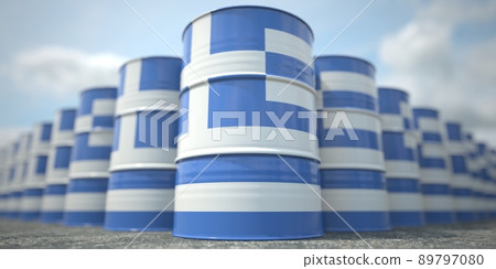 Flag of Greece on the barrels or steel drums. Chemical or oil industry related 3D rendering Flag of Greece on the barrels or steel drums. Chemical or oil industry related 3D rendering 89797080