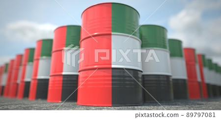 Many barrels with flag of the UAE. Oil or chemical industry supply related 3D rendering Many barrels with flag of the UAE. Oil or chemical industry supply related 3D rendering 89797081