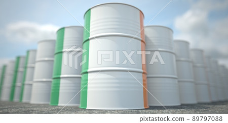 Flag of Ireland on the barrels or steel drums. Chemical or oil industry related 3D rendering 89797088