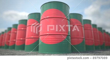 Barrels or oil drums with flag of Bangladesh. Petroleum or chemical industry related 3D rendering Barrels or oil drums with flag of Bangladesh. Petroleum or chemical industry related 3D rendering 89797089