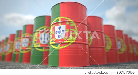Many barrels with flag of Portugal. Oil or chemical industry supply related 3D rendering Many barrels with flag of Portugal. Oil or chemical industry supply related 3D rendering 89797096