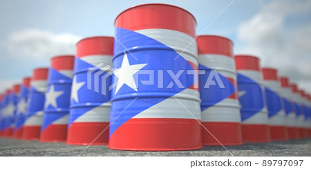 Flag of Puerto Rico on the barrels or steel drums. Chemical or oil industry related 3D rendering Flag of Puerto Rico on the barrels or steel drums. Chemical or oil industry related 3D rendering 89797097