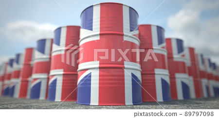 Barrels or oil drums with flag of the UK. Petroleum or chemical industry related 3D rendering Barrels or oil drums with flag of the UK. Petroleum or chemical industry related 3D rendering 89797098
