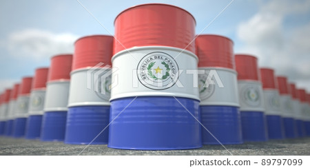 Flag of Paraguay on the barrels or steel drums. Chemical or oil industry related 3D rendering 89797099