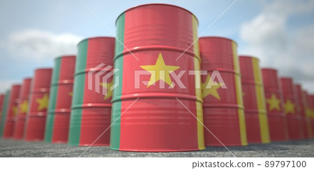 Barrels or oil drums with flag of Cameroon. Petroleum or chemical industry related 3D rendering 89797100