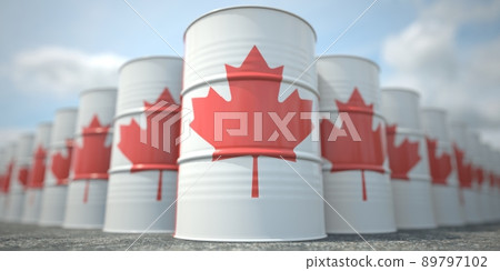 Many barrels with flag of Canada. Oil or chemical industry supply related 3D rendering Many barrels with flag of Canada. Oil or chemical industry supply related 3D rendering 89797102