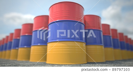 Many barrels with flag of Armenia. Oil or chemical industry supply related 3D rendering Many barrels with flag of Armenia. Oil or chemical industry supply related 3D rendering 89797103