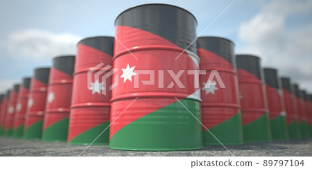 Barrels or oil drums with flag of Jordan. Petroleum or chemical industry related 3D rendering Barrels or oil drums with flag of Jordan. Petroleum or chemical industry related 3D rendering 89797104