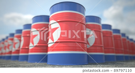 Barrels or oil drums with flag of North Korea. Petroleum or chemical industry related 3D rendering 89797110