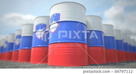 Barrels or oil drums with flag of Slovenia. Petroleum or chemical industry related 3D rendering Barrels or oil drums with flag of Slovenia. Petroleum or chemical industry related 3D rendering 89797112
