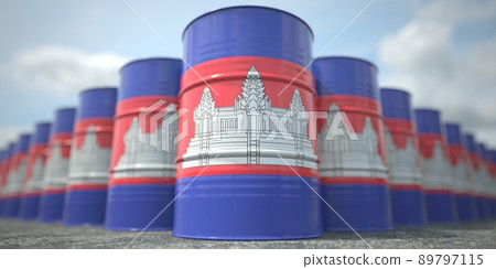Many barrels with flag of Cambodia. Oil or chemical industry supply related 3D rendering Many barrels with flag of Cambodia. Oil or chemical industry supply related 3D rendering 89797115