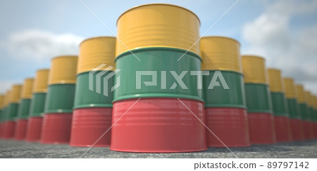 Many barrels with flag of Lithuania. Oil or chemical industry supply related 3D rendering 89797142