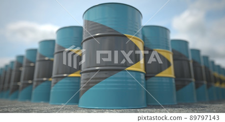 Many barrels with flag of Bahamas. Oil or chemical industry supply related 3D rendering Many barrels with flag of Bahamas. Oil or chemical industry supply related 3D rendering 89797143
