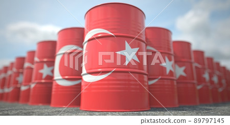 Flag of Turkey on the barrels or steel drums. Chemical or oil industry related 3D rendering 89797145