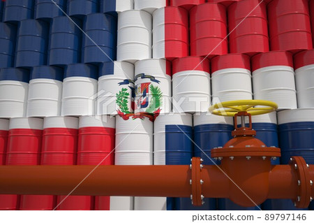 Barrels with painted flag of the Dominican Republic and oil transportation pipe. 3d rendering Barrels with painted flag of the Dominican Republic and oil transportation pipe. 3d rendering 89797146