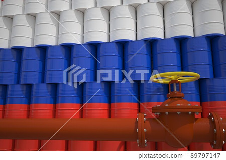 Barrels with painted flag of Russia and oil transportation pipe. 3d rendering Barrels with painted flag of Russia and oil transportation pipe. 3d rendering 89797147