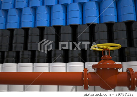 Barrels with painted flag of Estonia and oil transportation pipe. 3d rendering 89797152