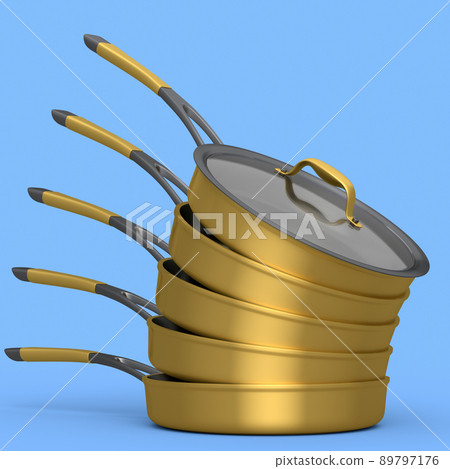 Stack of frying pan with glass lid on blue,... - Stock Illustration ...