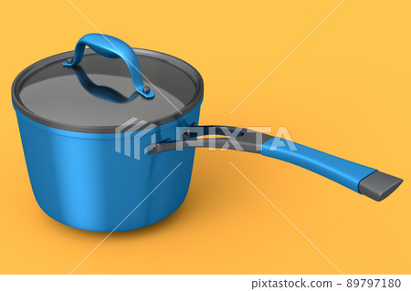 Stainless steel stewpot and chrome plated aluminum cookware on yellow background 89797180
