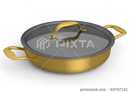 Stainless steel stewpot and chrome plated aluminum cookware on white background 89797181
