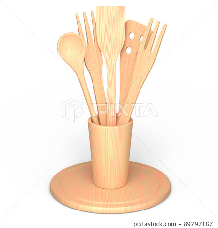 Wooden kitchen utensils, tools and equipment in holder on white background. 89797187