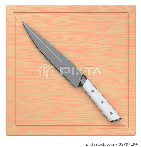 Chef's kitchen knife on a wooden board isolated on white background. Chef's kitchen knife on a wooden board isolated on white background. 89797194