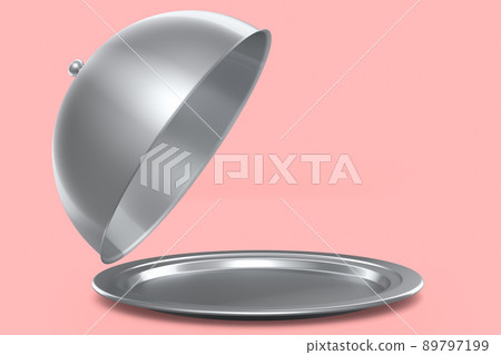 Silver tray with cloche ready to serve isolated on pink background Silver tray with cloche ready to serve isolated on pink background 89797199