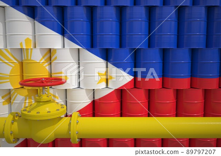 Many barrels with petrochemicals with flag of the Philippines and gas pipe. 3d rendering Many barrels with petrochemicals with flag of the Philippines and gas pipe. 3d rendering 89797207