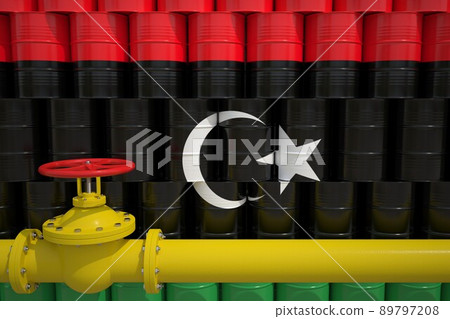 Gas pipe and barrels with petrochemicals with flag of Libya. Petroleum industry related 3d rendering Gas pipe and barrels with petrochemicals with flag of Libya. Petroleum industry related 3d rendering 89797208