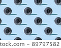 Silver bitcoin seamless pattern with sharp shadows repeat on blue background. Seamless colorful pattern of Bitcoin currency. Conceptual trendy style. Minimal background. Bitcoin finance concept 89797582