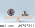 Symbol of scales. Bitcoin BTC Cryptocurrency Coins. Stock Market Concept. Exchange bitcoin cash for a money. Digital modern method of payment. Silver bitcoin close up 89797594
