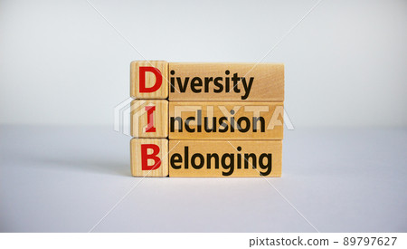 DIB, Diversity, inclusion and belonging symbol. Wooden blocks with words 'DIB, diversity, inclusion and belonging' on beautiful white background. Business, diversity, inclusion and belonging concept. 89797627