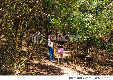 two friends walking and hiking on a mountain trail. young people on holiday. women doing sport 89799650