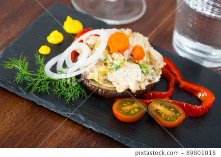 Chicken salad served on eggplant Chicken salad served on eggplant 89801018