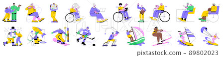 Colorful linear vector isolated illustration set of retirees people and sport activities. Activities for elderly people, older generation, elder fitness. Winter and summer outdoor fun. 89802023