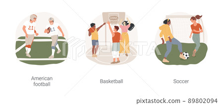 Physical education in high school isolated cartoon vector illustration set. American football team, student playing basketball, active lifestyle, soccer game, high school sport vector cartoon. Physical education in high school isolated cartoon vector illustration set. American football team, student playing basketball, active lifestyle, soccer game, high school sport vector cartoon. 89802094