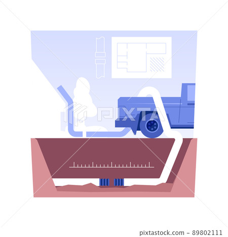Laying drainage pipes isolated concept vector illustration. Professional repairman installs a drainage system, sewerage construction, exterior works, pumping equipment vector concept. 89802111