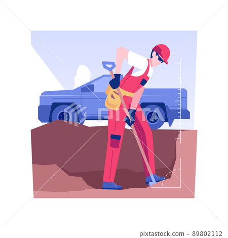 Digging trenches isolated concept vector illustration. Repairman digs a trench to install a drainage system, private house building, residential construction, exterior works vector concept. 89802112
