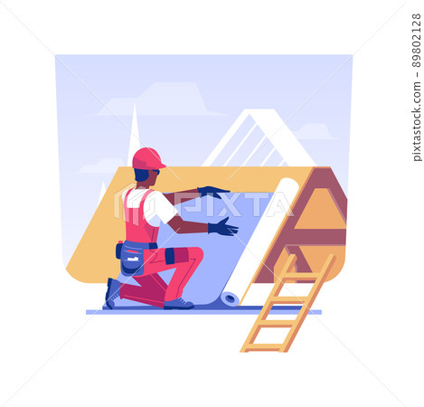 Installing roof underlayment isolated concept vector illustration. Handyman with roofing felt, roofing paper, private house building process, moisture barrier installation vector concept. Installing roof underlayment isolated concept vector illustration. Handyman with roofing felt, roofing paper, private house building process, moisture barrier installation vector concept. 89802128