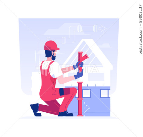 Laying pipes isolated concept vector illustration. Man deals with water supply lines, sewer lines, drainage system installation, excavation works, construction process vector concept. 89802137