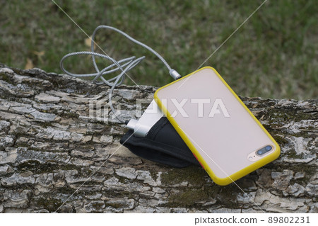 A portable charger charges the smartphone. Power Bank with cable against the background of wood 89802231