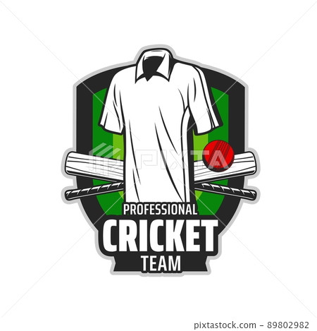 Cricket sport items icon, tournament or team club vector emblem. Cricket game championship badge chevron with cricketer player equipment, shirt, ball and crossed bats on green field Cricket sport items icon, tournament or team club vector emblem. Cricket game championship badge chevron with cricketer player equipment, shirt, ball and crossed bats on green field 89802982
