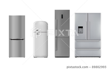 Realistic kitchen refrigerator, isolated vector fridge machines, freezers. Modern and retro 3d appliances with digital display and dispenser for water, gray or silver metal devices front view 89802993