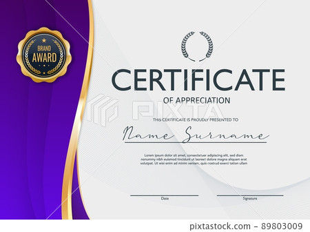 Award certificate of appreciation, diploma template with frame, border and golden seal. Vector blank mockup for graduation, achievement, education or business honor document with place for holder name Award certificate of appreciation, diploma template with frame, border and golden seal. Vector blank mockup for graduation, achievement, education or business honor document with place for holder name 89803009