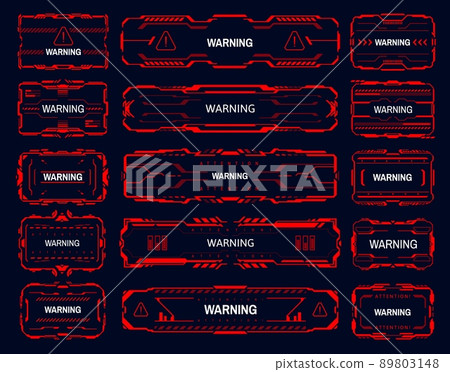 Warning, attention, alert, caution and danger zone red frames. HUD interface danger warning vector frames, game SCi-Fi caution call out title. GUI safety system message, interface alarm red panels set 89803148