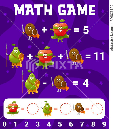 Cartoon apple, pear, kiwi fruits math game worksheet, education maze. Vector numeracy and mathematics skills development maze with funny superhero characters, educational riddle for kids learn Cartoon apple, pear, kiwi fruits math game worksheet, education maze. Vector numeracy and mathematics skills development maze with funny superhero characters, educational riddle for kids learn 89803152