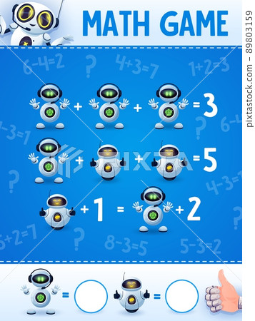 Cartoon robots and droids on math game worksheet. Education maze, kids mathematical riddle or puzzle with addition, calculation task. Children math playing activity worksheet with funny droids 89803159