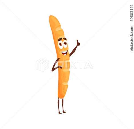 Happy long loaf bread character. French baguette vector funny mascot or personage with smiling face, fresh bake cute character and long loaf or wheat bread showing thumb up gesture Happy long loaf bread character. French baguette vector funny mascot or personage with smiling face, fresh bake cute character and long loaf or wheat bread showing thumb up gesture 89803161